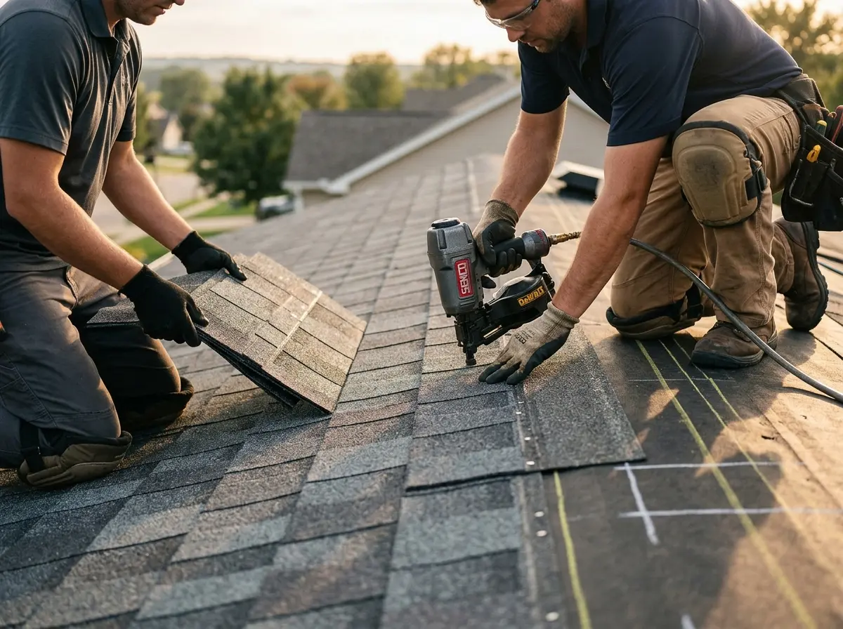 Professional roofer working on a residential roof in Boylston